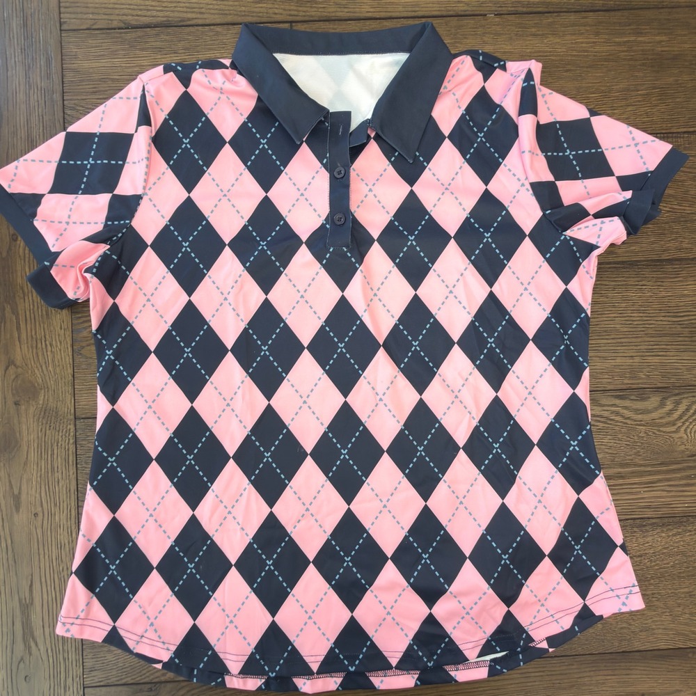 LOMON Womens XL Pink Navy Argyl Golf Polo Shirt Short Sleeve Performance Stretch